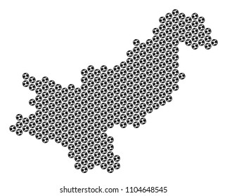 Football ball Pakistan map. Vector geographic scheme on a white background. Abstract Pakistan map concept is organized from soccer spheres. Mosaic pattern is based on hexagonal matrix.