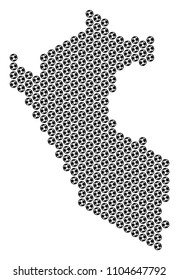 Football ball Peru map. Vector territorial plan on a white background. Abstract Peru map concept is constructed from soccer balls. Mosaic pattern is based on hex-tile grid.
