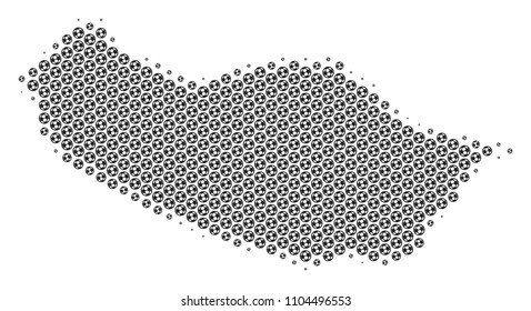 Football ball Portugal Madeira Island map. Vector geographic plan in grey color. Abstract Portugal Madeira Island map mosaic is designed of soccer balls. Mosaic pattern is based on hex-tile grid.