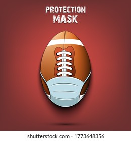 Football ball with a protection mask. Caution! wear protection mask. Risk disease. Cancellation of sports tournaments. Pattern design. Vector illustration