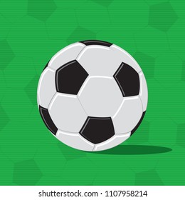 Football Ball Realistic Isometric Icon in Front of Grass Illusion Blank Template - Black Grey and White on Green Soccer Ball Texture Background - Vector Flat Graphic Design