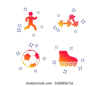 Football ball, Roller skates, Running icons. Fitness sport symbols. Gym workout equipment. Random dynamic shapes. Gradient sport icon. Vector