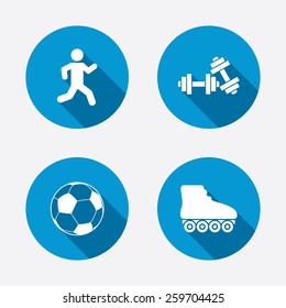 Football ball, Roller skates, Running icons. Fitness sport symbols. Gym workout equipment. Circle concept web buttons. Vector