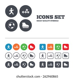 Football ball, Roller skates, Running icons. Fitness sport symbols. Gym workout equipment. Web buttons set. Circles and squares templates. Vector