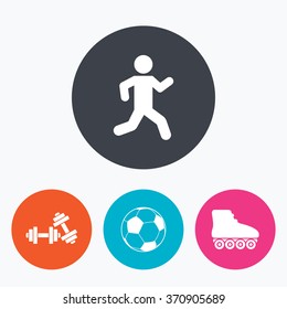 Football ball, Roller skates, Running icons. Fitness sport symbols. Gym workout equipment. Circle flat buttons with icon.