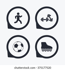 Football ball, Roller skates, Running icons. Fitness sport symbols. Gym workout equipment. Flat icon pointers.