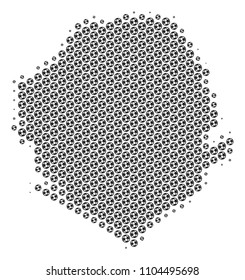 Football ball Sierra Leone map. Vector geographic scheme in gray color. Abstract Sierra Leone map mosaic is constructed with soccer spheres. Mosaic pattern is based on hexagonal matrix.