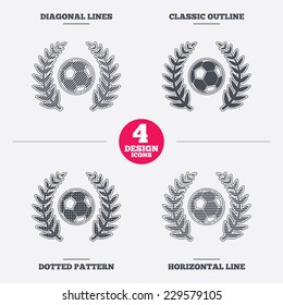 Football ball sign icon. Soccer Sport laurel wreath symbol. Winner award. Diagonal and horizontal lines, classic outline, dotted texture. Pattern design icons.  Vector