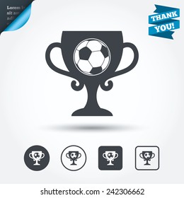 Football ball sign icon. Soccer Sport symbol. Winner award cup. Circle and square buttons. Flat design set. Thank you ribbon. Vector