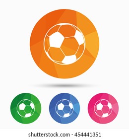 Football ball sign icon. Soccer Sport symbol. Triangular low poly button with flat icon. Vector