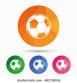 Football ball sign icon. Soccer Sport symbol. Triangular low poly button with flat icon. Vector