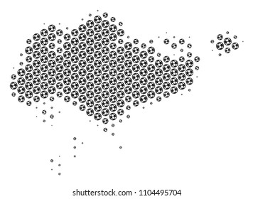 Football ball Singapore map. Vector geographic plan in grey color. Abstract Singapore map mosaic is formed of soccer balls. Mosaic pattern is based on hex-tile array.