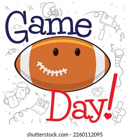 Football ball with smiling gesture over doodles related to gridiron football, ready to celebrate the Super Game Day!