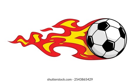 Football ball for soccer flies and leaves trail of fire behind it. Vector soccer ball on transparent background