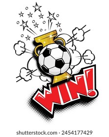 Football ball soccer trophy cup. Champion win, sport award. Vector in comic style on transparent background