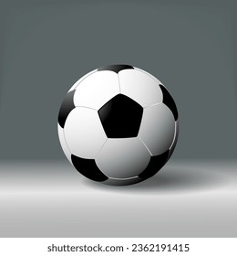 Football ball. Soccer ball. White and black color. Mockup of sport element isolated on grey background. Vector.