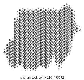 Football ball Sudan map. Vector geographic scheme in grey color. Abstract Sudan map mosaic is composed with soccer balls. Mosaic pattern is based on hexagonal matrix.