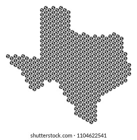 Football ball Texas map. Vector geographic scheme on a white background. Abstract Texas map concept is composed with soccer balls. Mosaic pattern is based on hex-tile array.