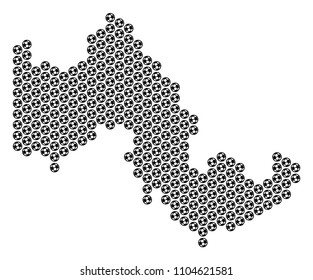 Football ball Tilos Greek Island map. Vector geographic plan on a white background. Abstract Tilos Greek Island map concept is made with soccer balls. Mosaic pattern is based on hex tile grid.