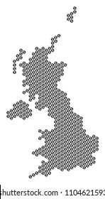Football ball United Kingdom map. Vector territorial plan on a white background. Abstract United Kingdom map mosaic is designed of soccer spheres. Mosaic pattern is based on hexagonal matrix.