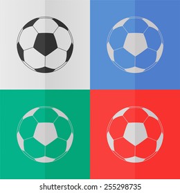 Football ball vector icon. Effect of folded paper. Colored (red, blue, green) illustrations. Flat design