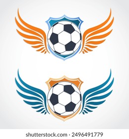 football ball with winged shield blue color logo set