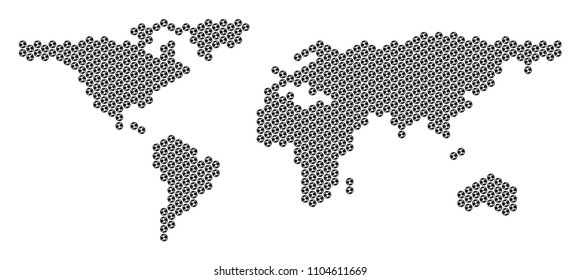 Football ball world map. Vector geographic plan on a white background. Abstract world map concept is made from soccer balls. Mosaic pattern is based on hexagonal grid.