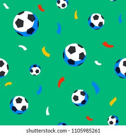 Football balls and confetti seamless pattern. Sport championship. Soccer players with football ball. Full color background in flat style. Russian football cup. Vector illustration