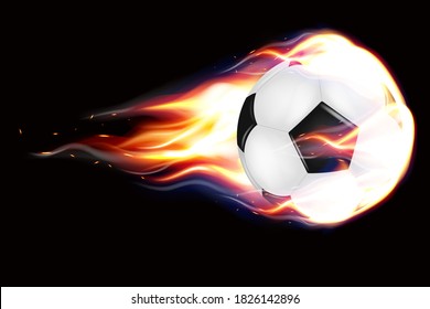 Football balls flying. A flaming soccer ball flying against a black background. Realistic 3d sport inventory. Tournament design sport element. Vector illustration