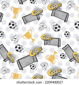 Football balls, goals, referee whistles, trophies sporty pattern