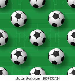 Football balls seamless pattern background. Heap of classic black and white soccer balls. Realistic vector background