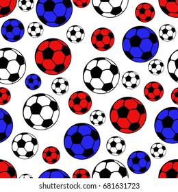 Football balls seamless pattern, vector sport background. White, blue and red balls on a white backdrop