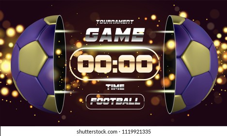 Football Banner With 3d golden blue Ball. Soccer game match design with timer or scoreboard. Half football ball. Ball divided into two parts. Soccer league with game competition.