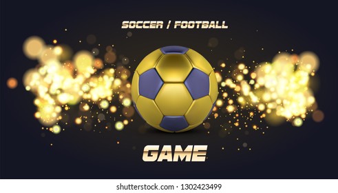 Football Banner With 3d golden blue Ball. Soccer game match design with soccer ball. Football ball on golden background