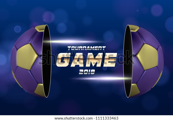 Football Banner With 3d golden blue Ball.\
Soccer game match design. Half football ball. Ball divided into two\
parts. Soccer league with game\
competition.