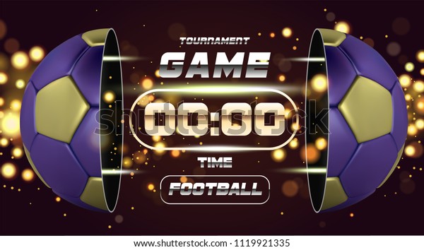 Football\
Banner With 3d golden blue Ball. Soccer game match design with\
timer or scoreboard. Half football ball. Ball divided into two\
parts. Soccer league with game\
competition.
