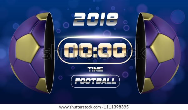 Football Banner With 3d golden realistic Ball.\
Soccer game match design with timer or scoreboard. Half football\
blue gold ball. Ball divided into two parts. Soccer game\
competition design\
concept.