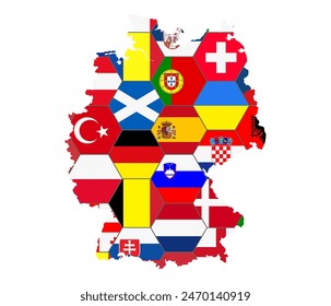 Football banner with flags of participating countries in form of Germany map