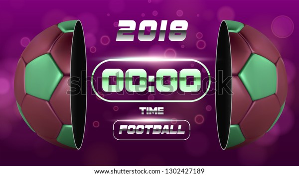 Football\
banner or flyer design with 3d ball. Soccer game match design with\
timer or scoreboard. Half football ball. Ball divided into two\
parts. Soccer league with game\
competition.