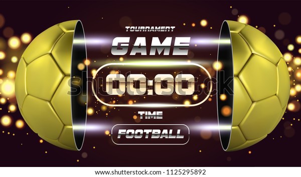 Football banner, poster or flyer design with 3d\
golden Ball. Soccer game match design with timer or scoreboard.\
Half ball. Ball divided into two parts. Soccer league with game\
competition score.