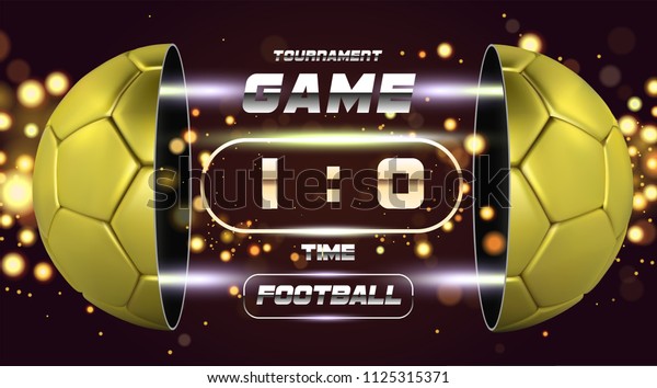 Football banner, poster or flyer design with 3d
golden Ball. Soccer game match design with timer or scoreboard.
Half ball. Ball divided into two parts. Soccer league with game
competition score.