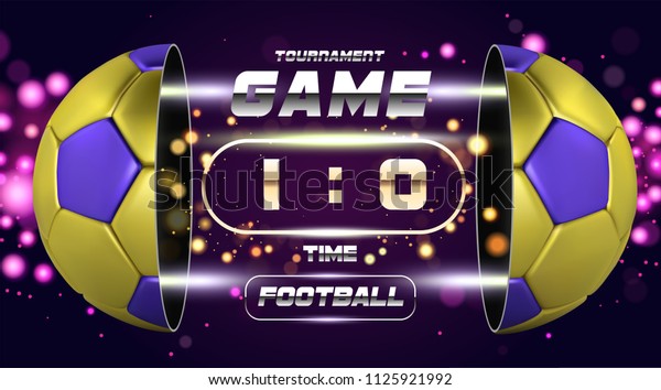 Football banner, poster or flyer design with
golden blue 3d Ball. Soccer game match design with timer or
scoreboard. Half ball. Ball divided into two parts. Soccer league
with game competition
score.