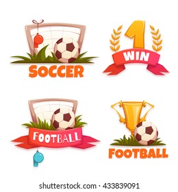 Football banner set with ball and goblet. Vector illustration.