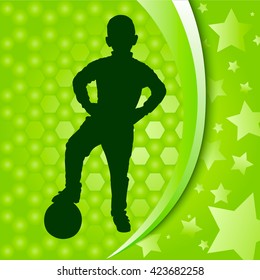 Football banner. Silhouette of boy with ball. Silver hexagons background and stars. Vector Illustration