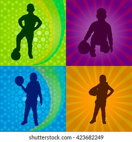 Football banner. Silhouette of boys with ball in different positions. Green and blue hexagons, violet and orange backgrounds. Vector Illustration