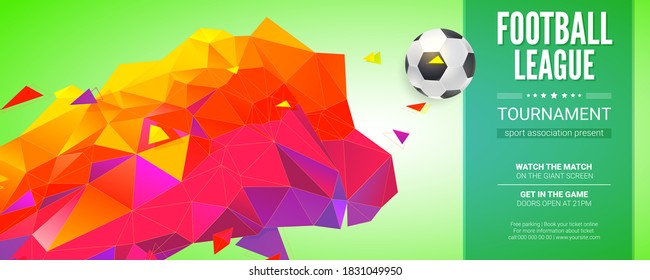 Football banner. Soccer ball flying with track from multicolored triangles. Trendy bright background. Vector 3d illustration. Template for tournament, championship, competition