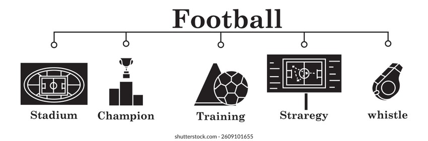 Football banner web icon vector illustration concept with icon of stadium,champion,training,strategy,whistle