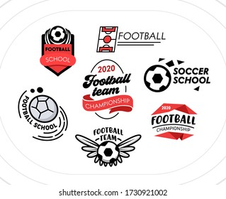 Football Banners, Icons or Badges Set, Soccer Balls Creative Design Elements with Typography Isolated on White Background. Professional Sports Label, Sport School, Championship Vector Illustration