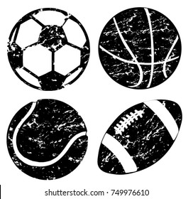 Football, baseball, basketball, soccer set sport ball. Grunge cartoon on white background. Wall stickers