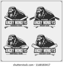 Football, baseball, cricket and hockey logos and labels. Sport club emblems with gorilla.